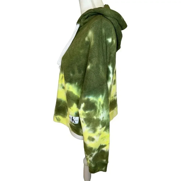 NEW Calvin Klein Jeans Medium Green & Yellow Tie Dyed Cropped Hooded Sweatshirt - Picture 2 of 7